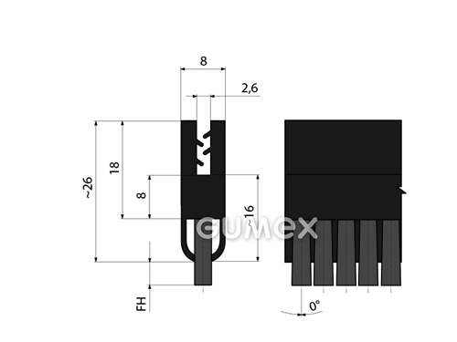 Profil mit Bürste 1310, 33x8mm, Bürstenlänge 7mm, Ø 0,15mm, Neigung 0°, TPE/PA6, -20°C/+100°C, 